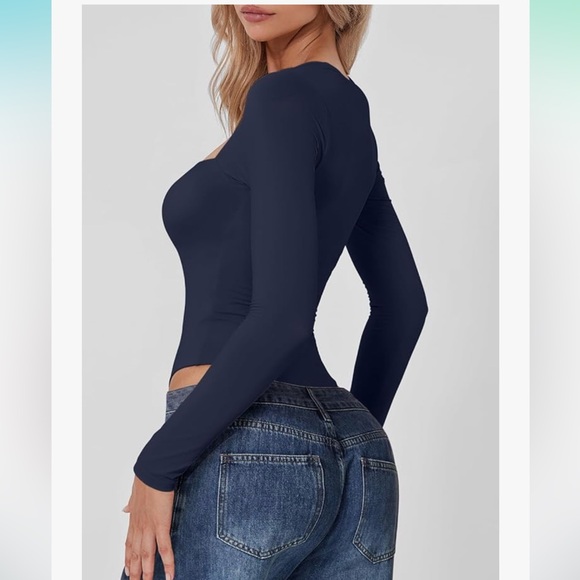 Qinsen Square Neck Thong Long Sleeve Bodysuit Navy Blue Women’s Size Medium - Picture 2 of 14